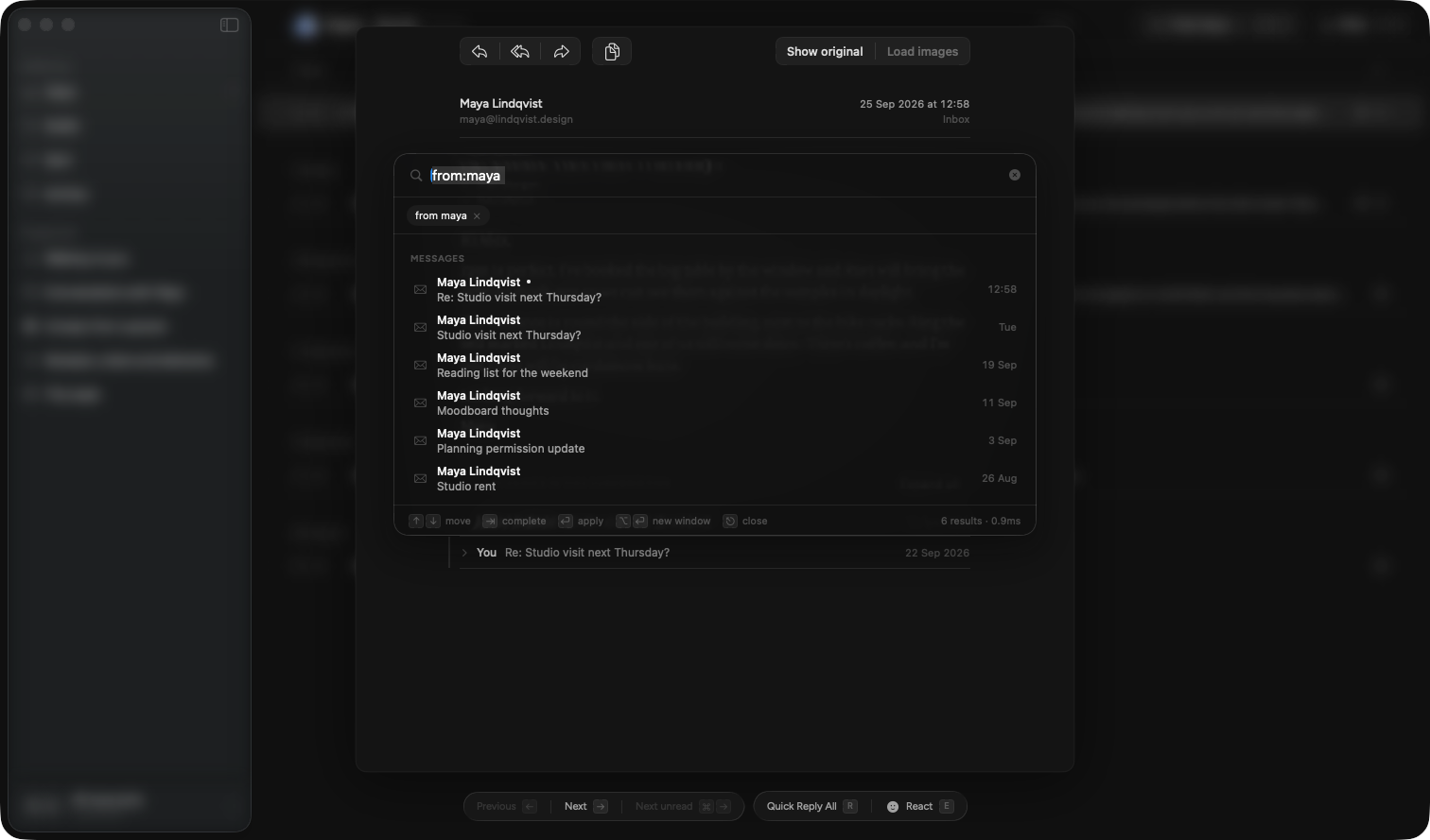 Pigeon's search panel with a from:maya filter, listing six emails from Maya Lindqvist
